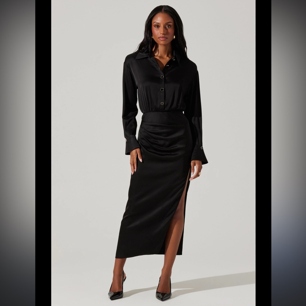ASTR The Label Elizabello Satin Midi Shirt Dress Black NEW Size Small - Picture 3 of 14